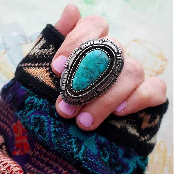 🌙HUGE Sterling Turquoise Ring - Picture 2 of 16